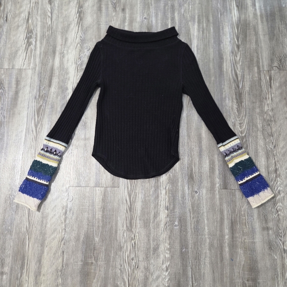 FREE PEOPLE Mixed Up Cuff Top Sm black combo mock neck ribbed knit Size S - Picture 2 of 7